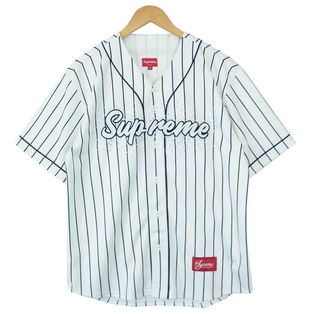 Supreme シュプリーム 20SS Rhinestone Baseball Jersey Pinstripe ストライプ ラインストーン ベースボール シャツ ホワイト系 M【極上美品】【中古】