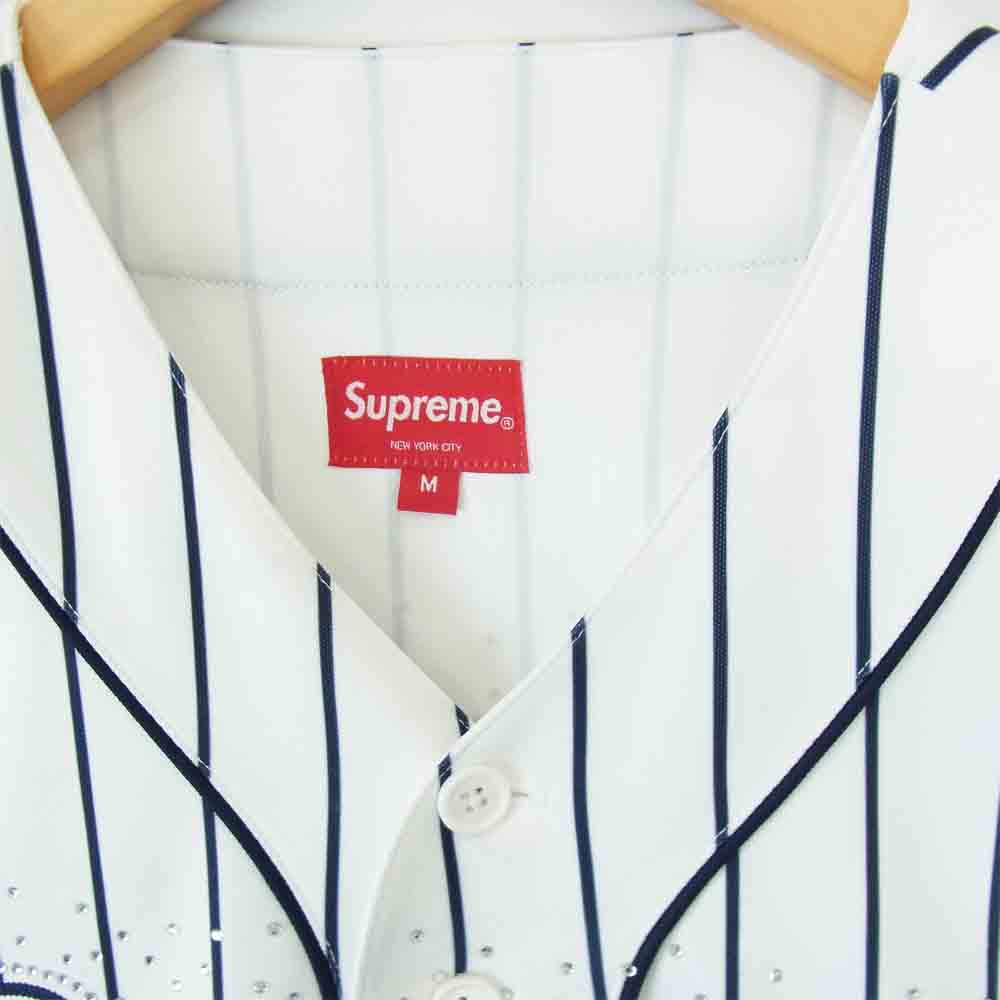 Supreme シュプリーム 20SS Rhinestone Baseball Jersey Pinstripe ストライプ ラインストーン ベースボール シャツ ホワイト系 M【極上美品】【中古】
