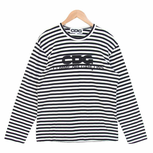 COMME des GARCONS コムデギャルソン 20SS SZ-T042 エアロゴライン ボーダー プリント 長袖 Tシャツ 白×黒系 L【美品】【中古】