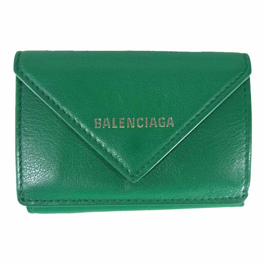 BALENCIAGA バレンシアガ 391446 国内正規品 ペーパー ミニ ウォレット 三つ折り財布 グリーン系【中古】