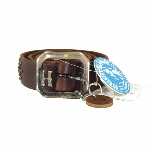 HYSTERIC GLAMOUR ヒステリックグラマー 0251QE03381 OLD STUD HANDMADE オールドスタッズ フラワースタッズ スワロフスキー レザー ベルト ブラウン系 M【中古】