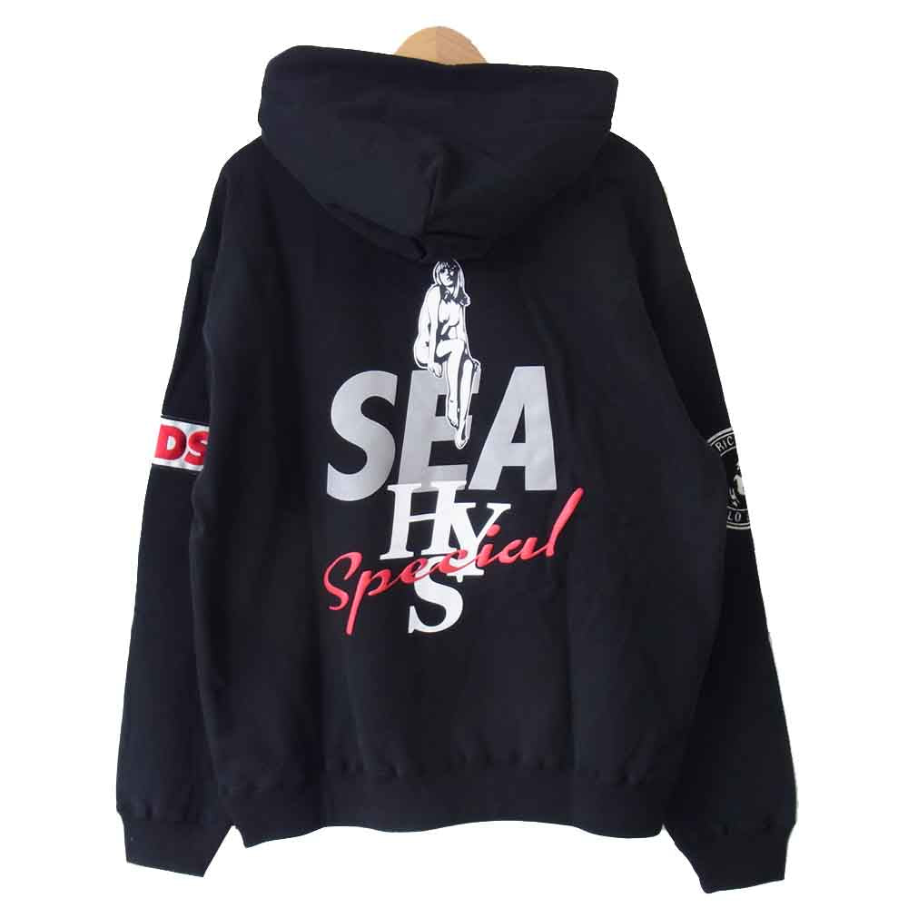 HYSTERIC GLAMOUR ヒステリックグラマー 20AW WDS-HYS-2-02 × ウィンダンシー WIND AND SEA ロゴパッチフーディ プルオーバー パーカー ブラック系 XL【新古品】【未使用】【中古】