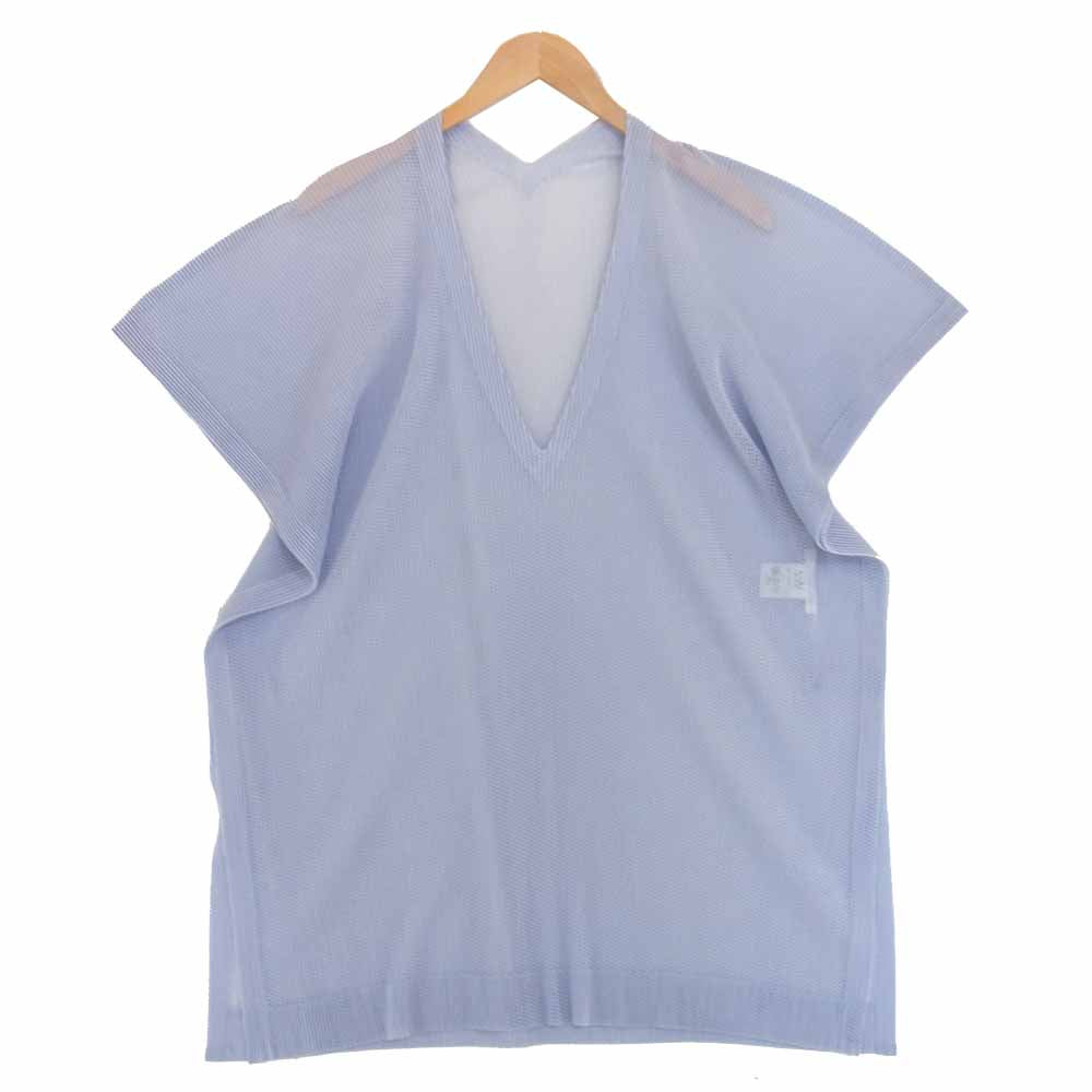PLEATS PLEASE プリーツプリーズ イッセイミヤケ ISSEY MIYAKE イッセイミヤケ ボックス シルエット メッシュ Vネック ワンピース ライトブルー系 3【美品】【中古】