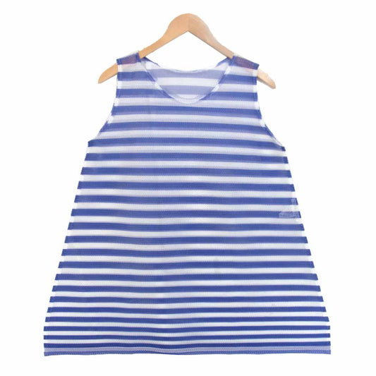 PLEATS PLEASE プリーツプリーズ ISSEY MIYAKE イッセイミヤケ 横プリーツ メッシュ Aライン ノースリーブ 白青系 3【美品】【中古】