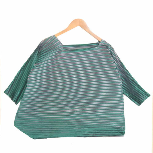 PLEATS PLEASE プリーツプリーズ ISSEY MIYAKE イッセイミヤケ 横プリーツ アシンメトリー ボックス シルエット カットソー グリーン系 3【中古】
