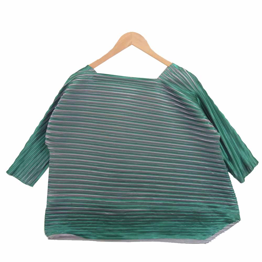 PLEATS PLEASE プリーツプリーズ ISSEY MIYAKE イッセイミヤケ 横プリーツ アシンメトリー ボックス シルエット カットソー グリーン系 3【中古】