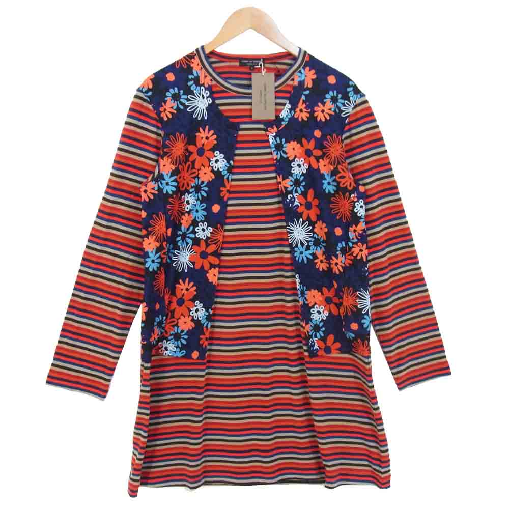 COMME des GARCONS HOMME PLUS コムデギャルソンオムプリュス 20AW PF-T002 20AD ボーダー フラワー ロング カットソー レッド系 S【新古品】【未使用】【中古】