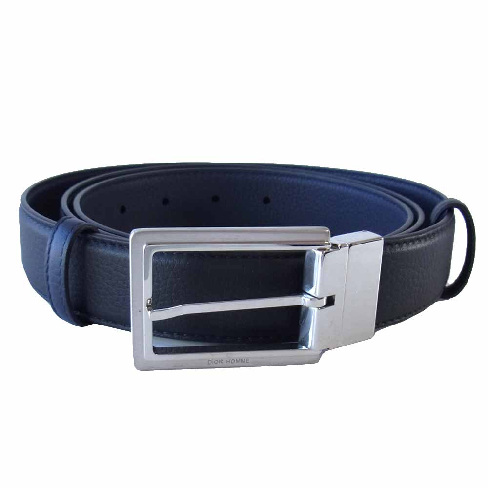 DIOR HOMME ディオールオム スクエア バックル グレインレザー ベルト 黒×紺【美品】【中古】