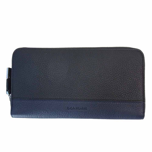 DIOR HOMME ディオールオム 27324 グレイン カーフ レザー バイカラー ラウンドジップ ウォレット 財布 紺×黒【極上美品】【中古】