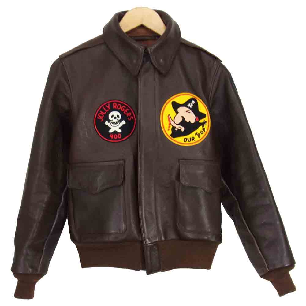 The REAL McCOY'S ザリアルマッコイズ 42-1401P ROUGHWEAR ラフウェア実名復刻 JOLLY ROGERS ブラック パイレーツ A-2 フライト ジャケット ブラウン系 34【美品】【中古】