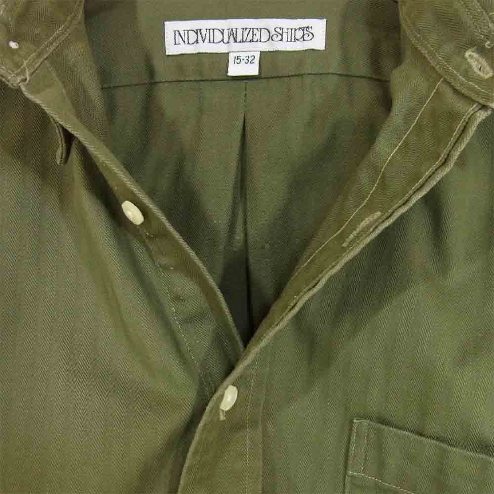 INDIVIDUALIZED SHIRTS インディビジュアライズドシャツ コットン ヘリンボーン ボタンダウン シャツ USA製 カーキ系 15-32【美品】【中古】