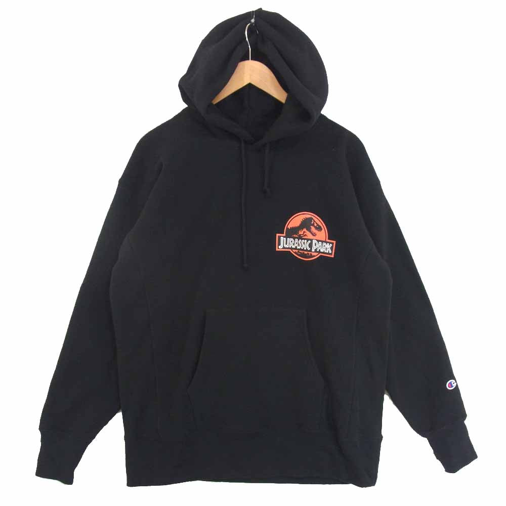 Champion チャンピオン × JURASSIC SERIES ジュラシックパーク 青タグ RW パーカー ブラック系 L【美品】【中古】