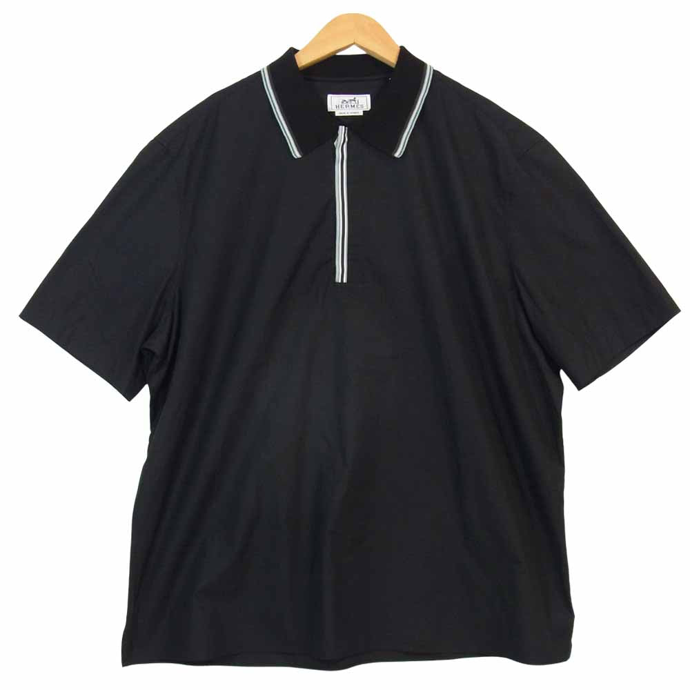 HERMES エルメス 国内正規品 ハーフジップ プルオーバー 半袖シャツ ブラック系 44【美品】【中古】