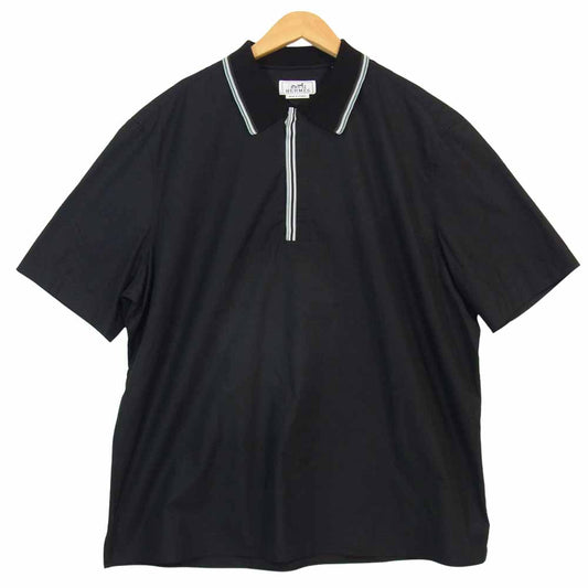 HERMES エルメス 国内正規品 ハーフジップ プルオーバー 半袖シャツ ブラック系 44【美品】【中古】