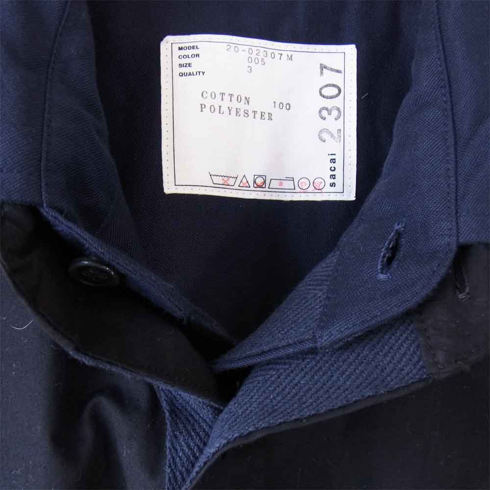 Sacai サカイ 20SS 20-02307M SHORT SLEEVE POPLIN SHIRT ショートスリーブ ポプリン 半袖シャツ  紺×黒 3【美品】【中古】