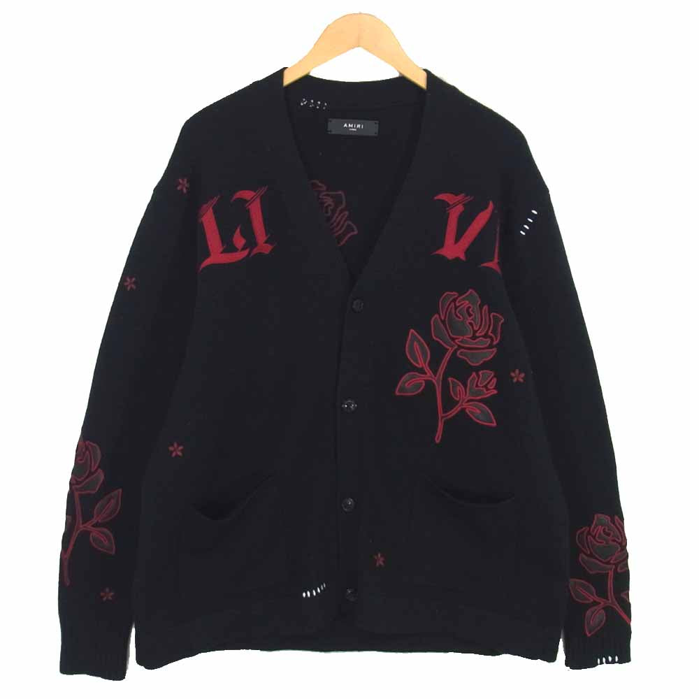 アミリ 18AW MKCAR-ROS Rose Embroidered Cardigan レザーパッチ ローズ刺繍 カシミヤ カーディガン ブラック系 L【中古】