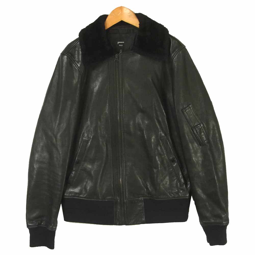 green MAN グリーンマン 襟ボア レザー 牛革 フライト ジャケット 日本製 ブラック系 2【中古】
