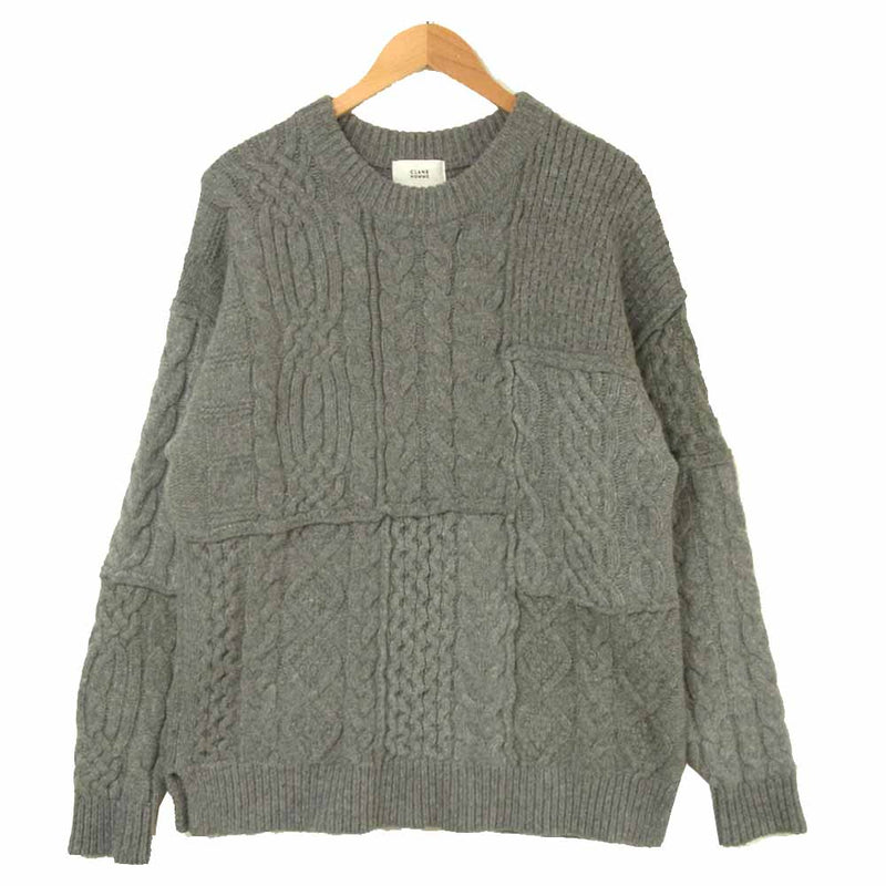 クラネ オム 21106-0851 PATCHWORK CABLE KNIT パッチワーク ケーブル編み クルーネック ウール ニット グレー系 2【中古】