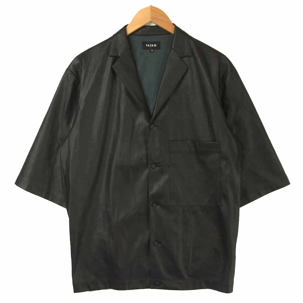 タキャシ 20SS フェイクレザー オープンカラー 半袖 シャツ 日本製 ブラック系 48【美品】【中古】