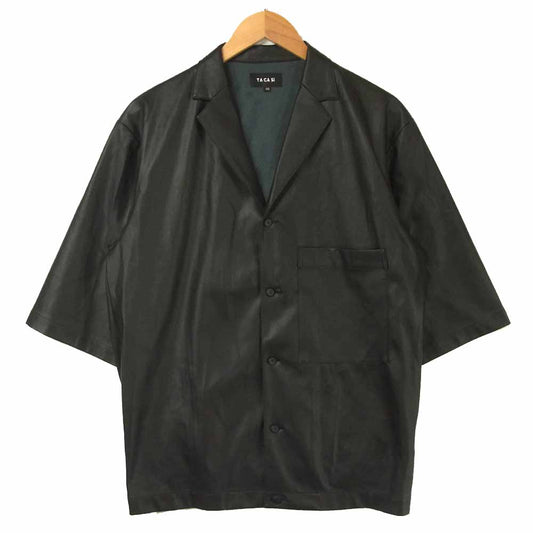 タキャシ 20SS フェイクレザー オープンカラー 半袖 シャツ 日本製 ブラック系 48【美品】【中古】