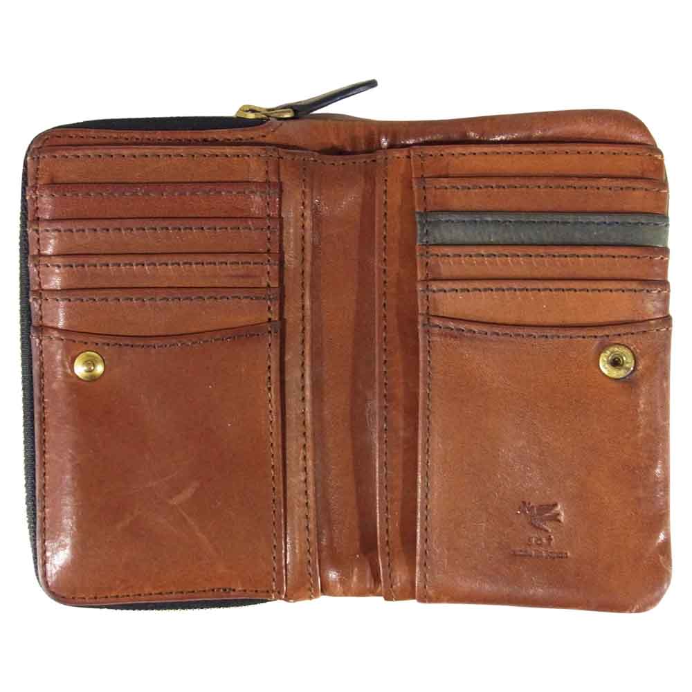ソット レザー ミドル ウォレット 財布 日本製 革 二つ折り財布 ラウンドジップ チャコール系【中古】
