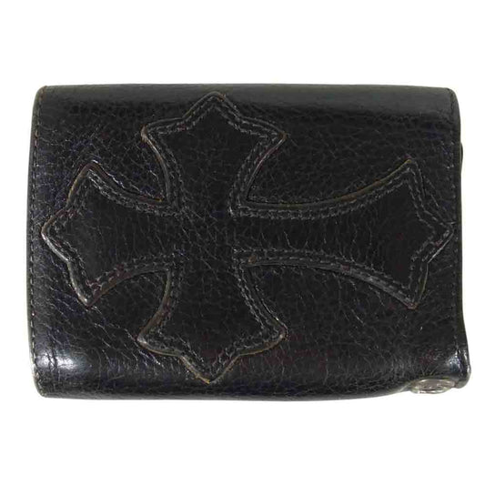 CHROME HEARTS クロムハーツ（原本有） 3FOLD 3フォールド カスタムオーダー クロス パッチ ボタン レザー ウォレット ブラック系【中古】