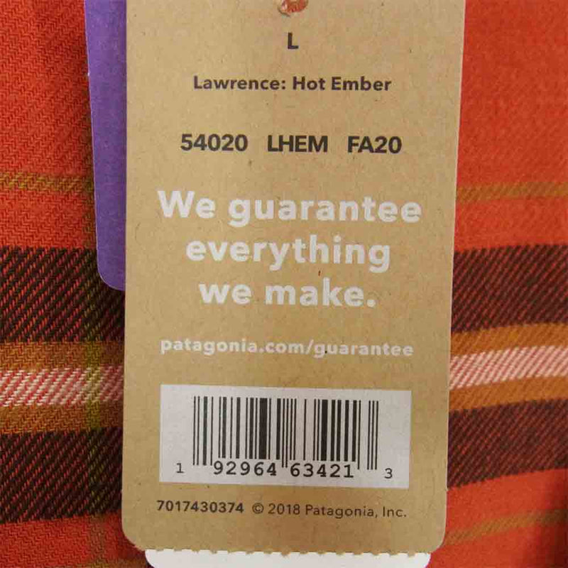 patagonia パタゴニア FA20 54020 LW Fjord Flannel shirt ライトウェイト フィヨルド フランネル シャツ オレンジ系 L【新古品】【未使用】【中古】