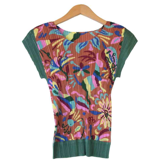 PLEATS PLEASE プリーツプリーズ PP63-JK582 ISSEY MIYAKE イッセイミヤケ プリーツ加工 アニマルペイント 総柄 半袖 カットソー マルチカラー系 3【美品】【中古】