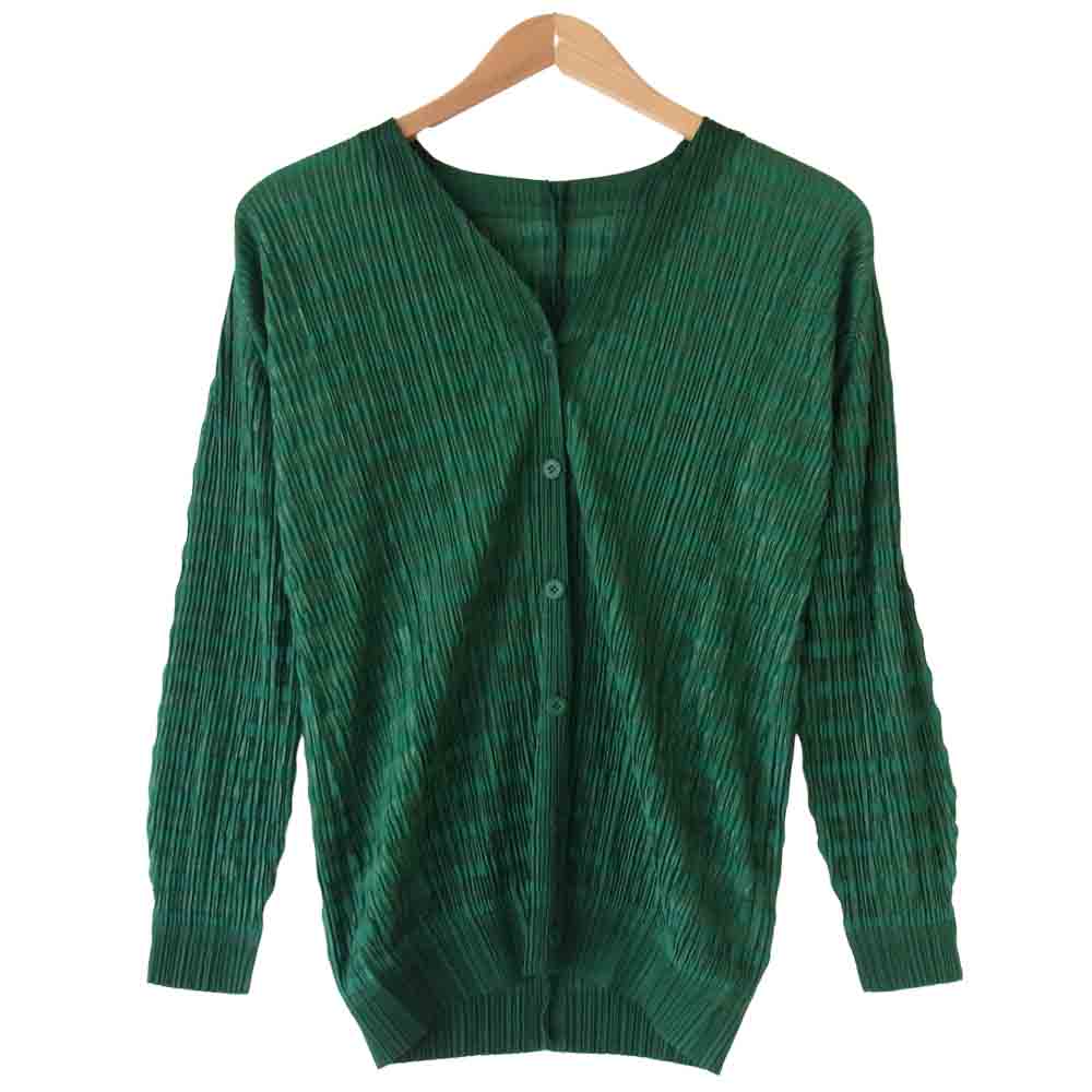 PLEATS PLEASE プリーツプリーズ PP91-JJ851 ISSEY MIYAKE イッセイミヤケ プリーツ加工 ボーダー カーディガン グリーン  グリーン系 3【中古】