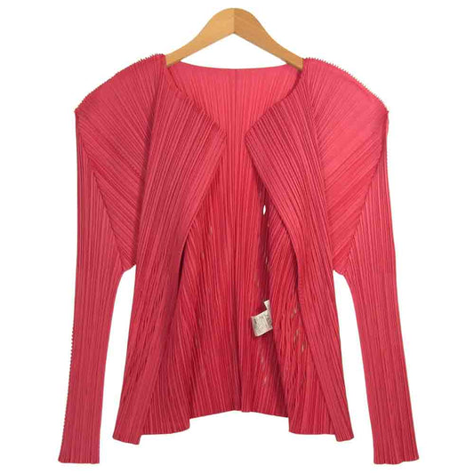 PLEATS PLEASE プリーツプリーズ PP63-J0533 ISSEY MIYAKE イッセイミヤケ プリーツ加工 カットワーク ボタンレス カーディガン ピンク ピンク系 4【美品】【中古】