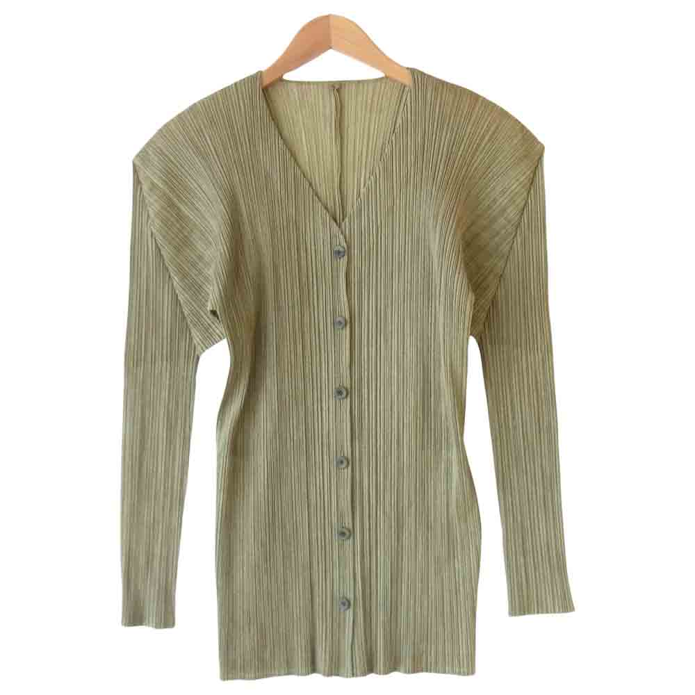 PLEATS PLEASE プリーツプリーズ イッセイミヤケ PP71-JD246 ISSEY MIYAKE イッセイミヤケ プリーツ加工 ツイード 転写プリント カーディガン カーキ系 4【美品】【中古】