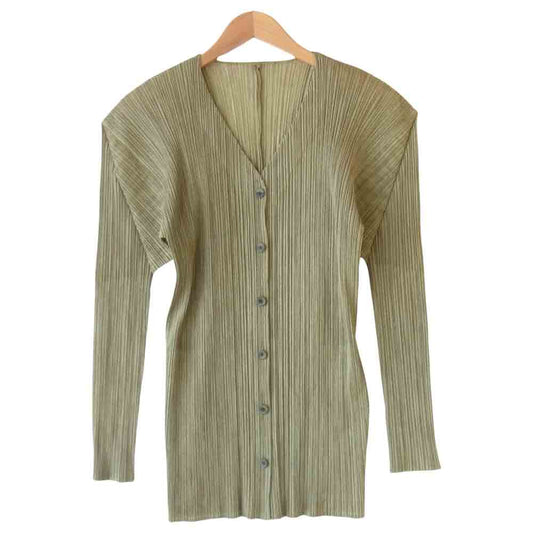 PLEATS PLEASE プリーツプリーズ イッセイミヤケ PP71-JD246 ISSEY MIYAKE イッセイミヤケ プリーツ加工 ツイード 転写プリント カーディガン カーキ系 4【美品】【中古】