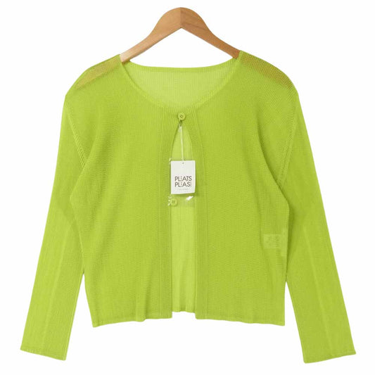 PLEATS PLEASE プリーツプリーズ PP21-F0274 ISSEY MIYAKE イッセイミヤケ プリーツ加工 ネオンカラー メッシュ カーディガン ネオンイエロー 3【新古品】【未使用】【中古】