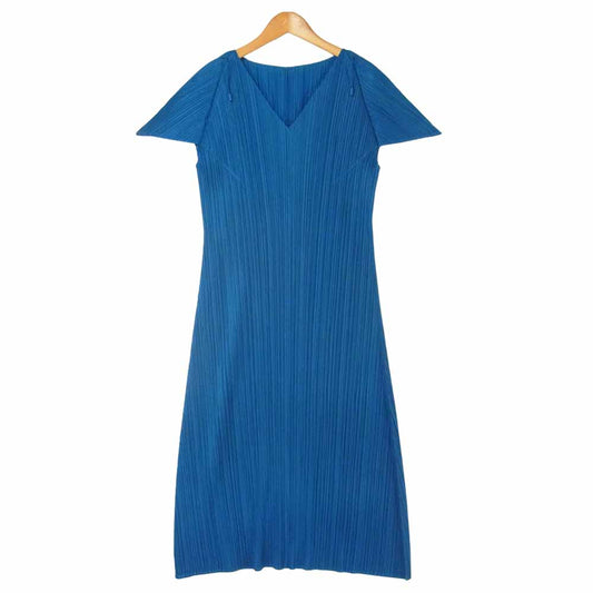PLEATS PLEASE プリーツプリーズ PP91-JH414 ISSEY MIYAKE イッセイミヤケ プリーツ加工 フレンチスリーブ マキシ丈 ワンピース ブルー系 4【美品】【中古】