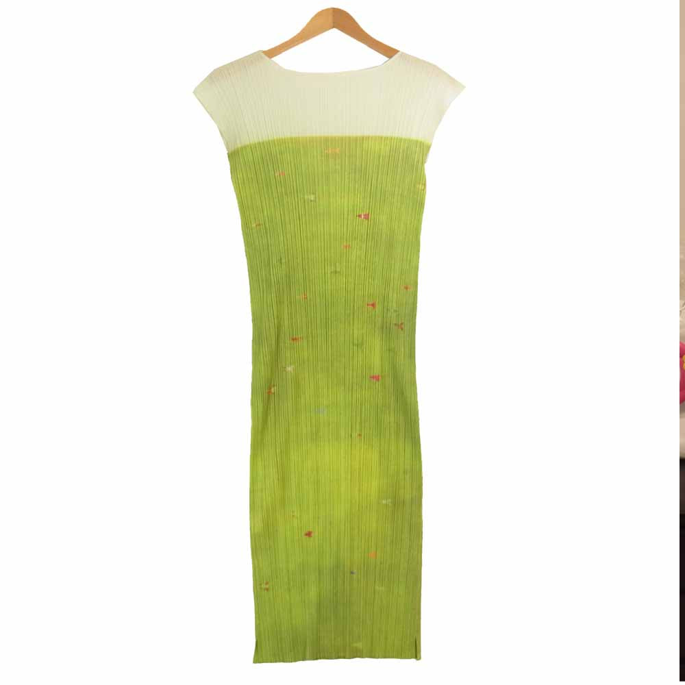 PLEATS PLEASE プリーツプリーズ PP51-JH785 ISSEY MIYAKE イッセイミヤケ プリーツ加工 総柄 グラフィック プリント マキシ丈 ワンピース グリーン系 5【美品】【中古】
