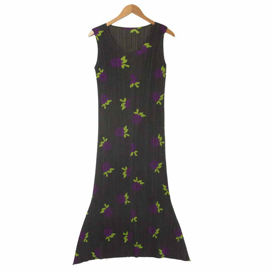 PLEATS PLEASE プリーツプリーズ PP22-JH758 ISSEY MIYAKE イッセイミヤケ プリーツ加工 フラワー総柄 プリント ノースリーブ マキシ丈 ワンピース グレー系 3【美品】【中古】