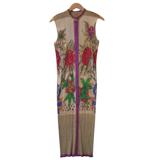 PLEATS PLEASE プリーツプリーズ PP84-JH596 ISSEY MIYAKE イッセイミヤケ プリーツ加工 フラワー 転写 プリント マキシ丈 ワンピース マルチカラー系 2【美品】【中古】