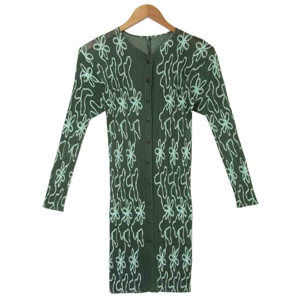 PLEATS PLEASE プリーツプリーズ PP06-JO305 ISSEY MIYAKE イッセイミヤケ プリーツ加工 フラワー柄 メッシュ ロング カーディガン グリーン系【美品】【中古】