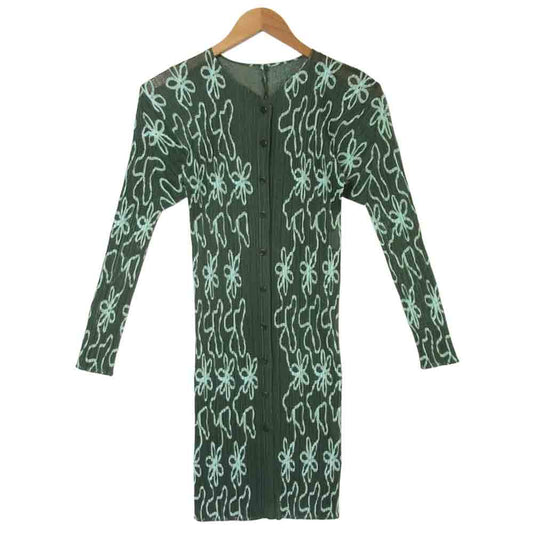 PLEATS PLEASE プリーツプリーズ PP06-JO305 ISSEY MIYAKE イッセイミヤケ プリーツ加工 フラワー柄 メッシュ ロング カーディガン グリーン系【美品】【中古】