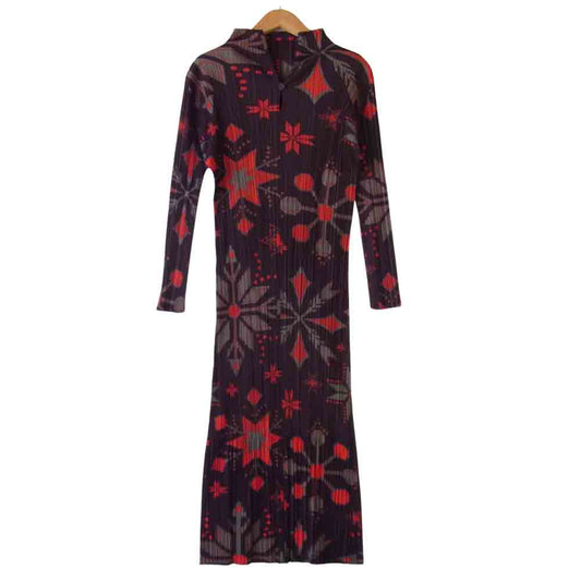 PLEATS PLEASE プリーツプリーズ PP43-JH865 ISSEY MIYAKE イッセイミヤケ プリーツ加工 ノルディック柄 マキシ丈 ワンピース ブラウン系 3【美品】【中古】