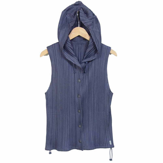 PLEATS PLEASE プリーツプリーズ PP53-JE413 ISSEY MIYAKE イッセイミヤケ プリーツ加工 ノースリーブ スナップ パーカー 青灰系 4【美品】【中古】