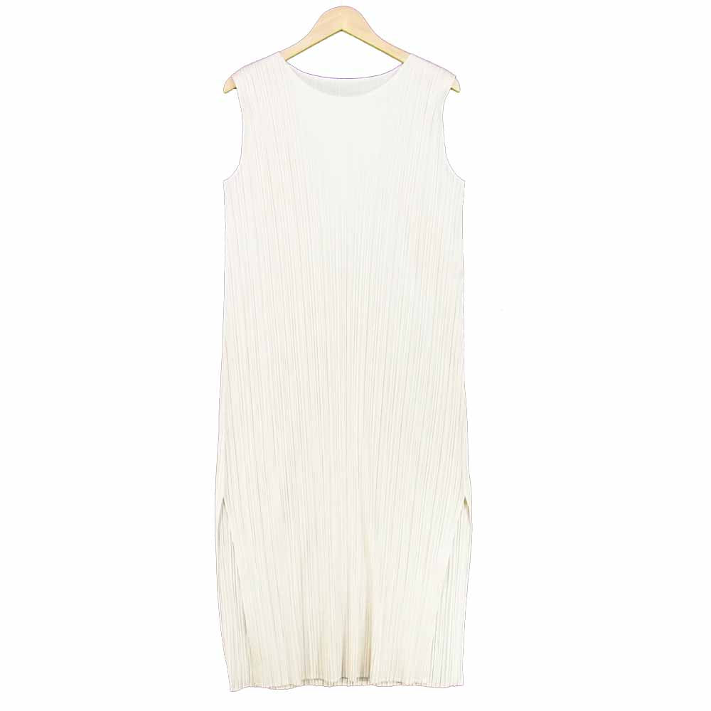 PLEATS PLEASE プリーツプリーズ PP13-JH146 ISSEY MIYAKE イッセイミヤケ プリーツ加工 マキシ丈 スリット ノースリーブ ワンピース オフホワイト系 4【美品】【中古】