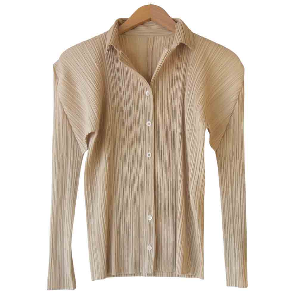 PLEATS PLEASE プリーツプリーズ PP04-JK624 イッセイミヤケ ISSEY MIYAKE プリーツ加工 オープンカラー ブラウス ベージュ系 3【中古】
