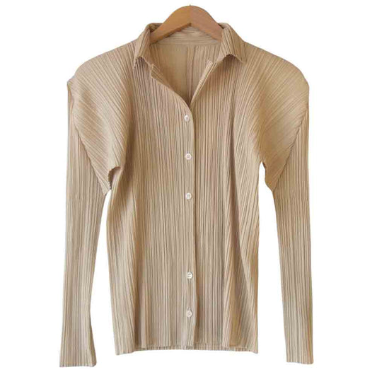 PLEATS PLEASE プリーツプリーズ PP04-JK624 イッセイミヤケ ISSEY MIYAKE プリーツ加工 オープンカラー ブラウス ベージュ系 3【中古】