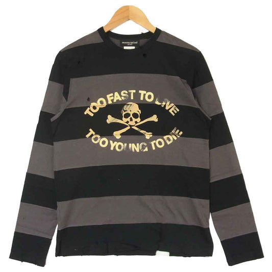 mastermind JAPAN マスターマインドジャパン ML-TS51-015 フロント スカル プリント ダメージ加工 ボーダー 長袖 Tシャツ ブラック系 グレー系 M【美品】【中古】