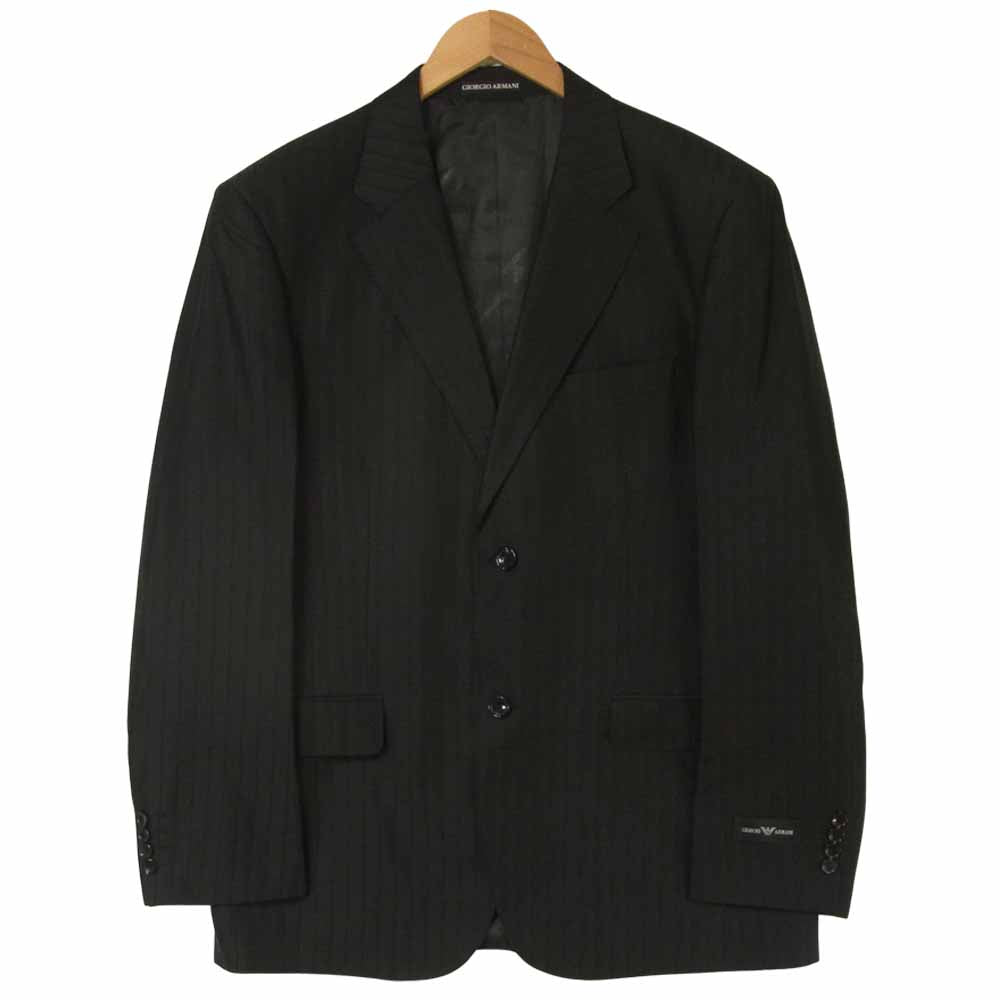 GIORGIO ARMANI ジョルジオアルマーニ GAロゴ刺繍 ストライプ 2B セットアップ スーツ イタリア製 ブラック系 ジャケット 52 パンツ 36【美品】【中古】