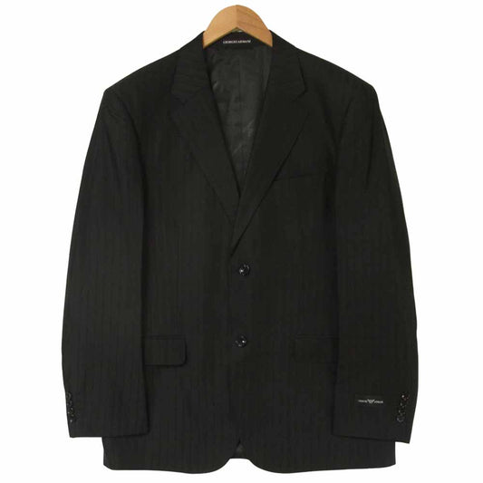 GIORGIO ARMANI ジョルジオアルマーニ GAロゴ刺繍 ストライプ 2B セットアップ スーツ イタリア製 ブラック系 ジャケット 52 パンツ 36【美品】【中古】