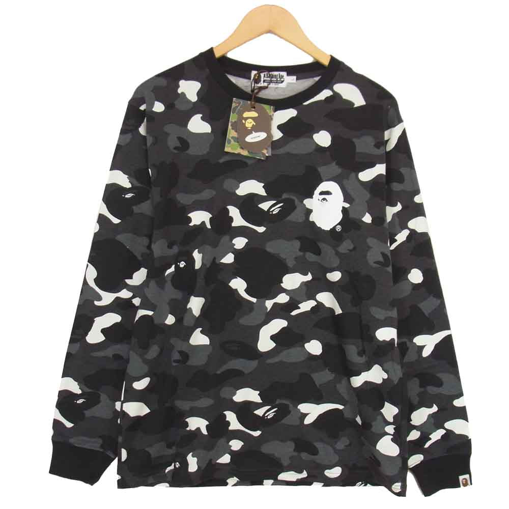 A BATHING APE アベイシングエイプ 001LTD301001X 蓄光 ロゴ プリント 迷彩 カモ 長袖 Tシャツ ブラック系 L【新古品】【未使用】【中古】