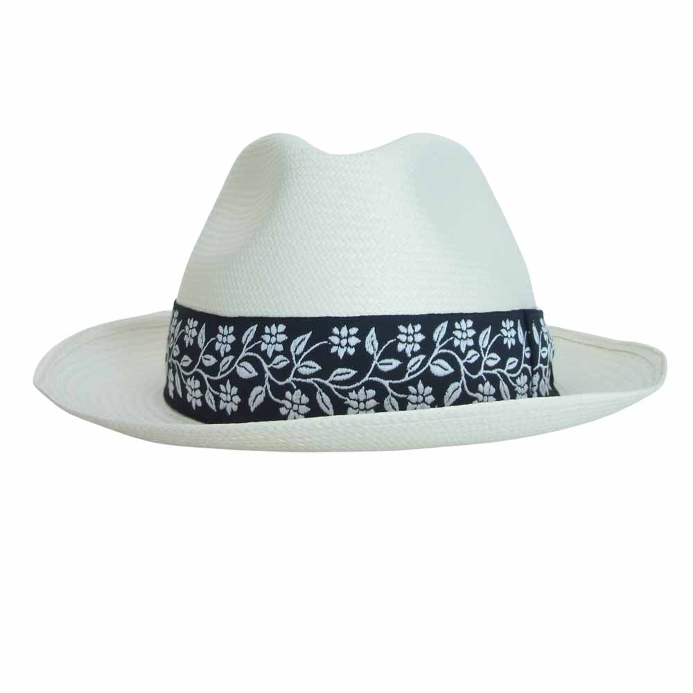 ボルサリーノ 141154 PANAMA FINE Fellini パナマ ファイン フェリーニ 花柄 リボン 中折れ ハット ホワイト系 59【新古品】【未使用】【中古】