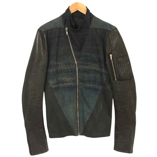 Rick Owens リックオウエンス 国内正規品 デニム 袖レザー 切替 ライダース ジャケット ブラック系 インディゴブルー系 XS【中古】